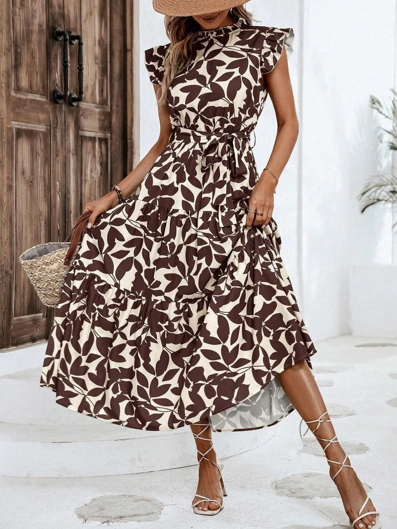 Elegant Women's Flower Midi Dress New Summer Fashion Stand Collar Flying Sleevel Lace Up Dress Casual Beach Holiday Dresses Robe