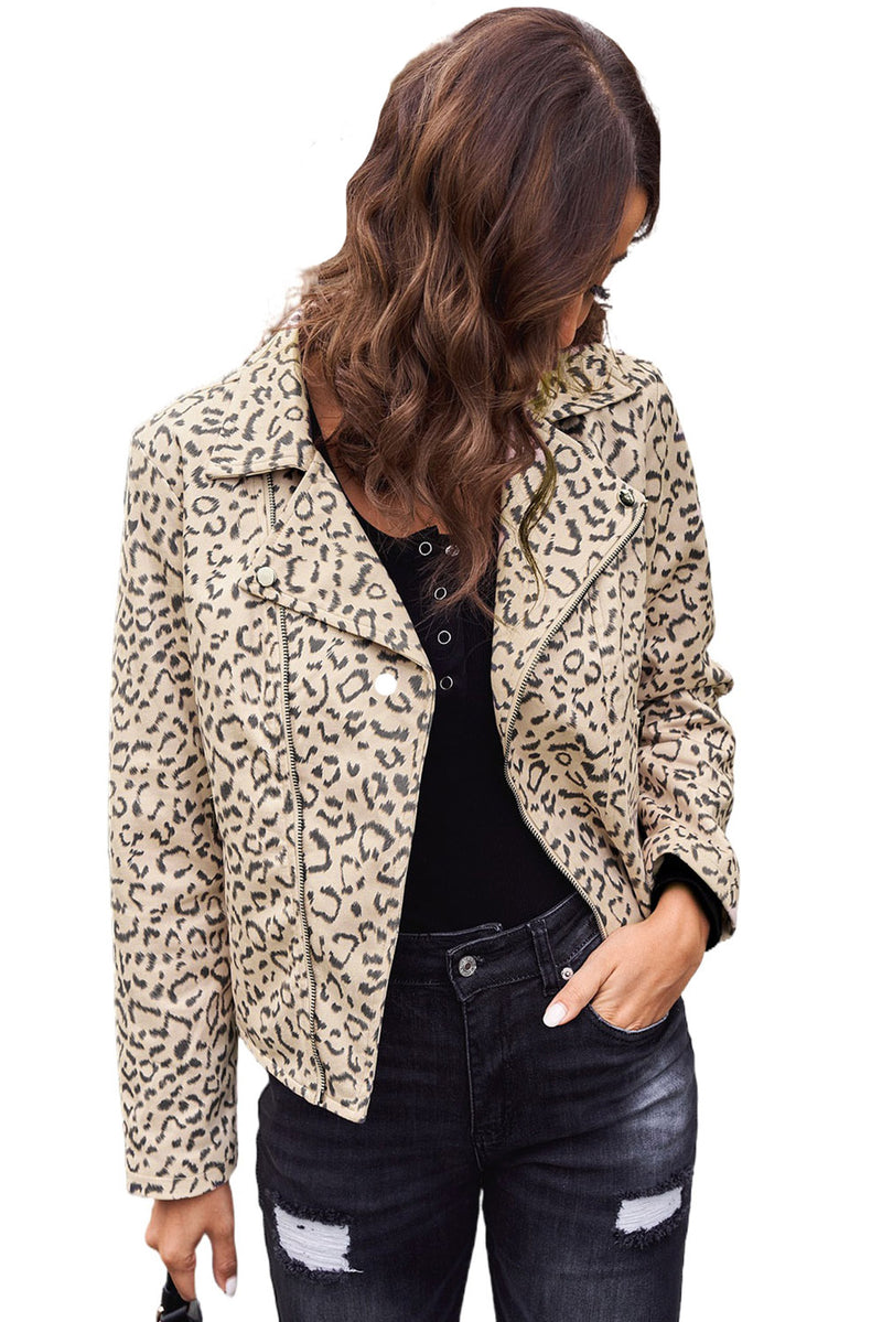 Leopard Print Zipper Lapel Collar Jacket