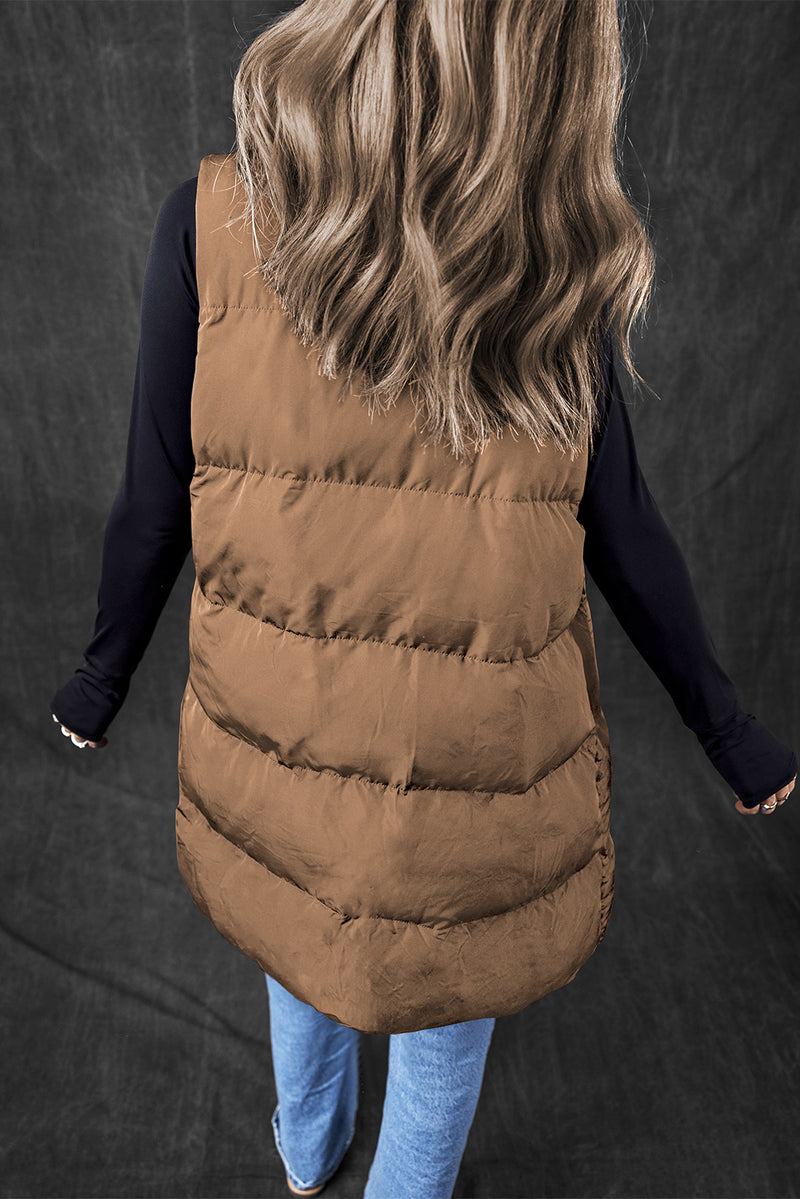 Coffee Windproof Longline Full Zipper Puffer Vest with Pockets