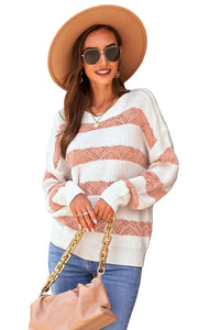 White Striped Colorblock Knit Sweater