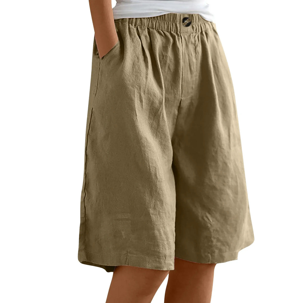 Women's Fashion Solid Color Pants Pocket Button Up Capris Loose Elastic Waist Cotton Linen Shorts