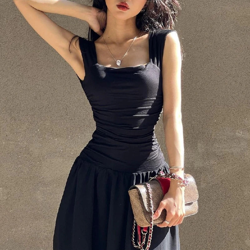 WhereMery Women Summer Party Long Dress Sexy Ruched Bodycon Black Maxi Dresses 2024 Elegant Temperament High-waist Vestidos New