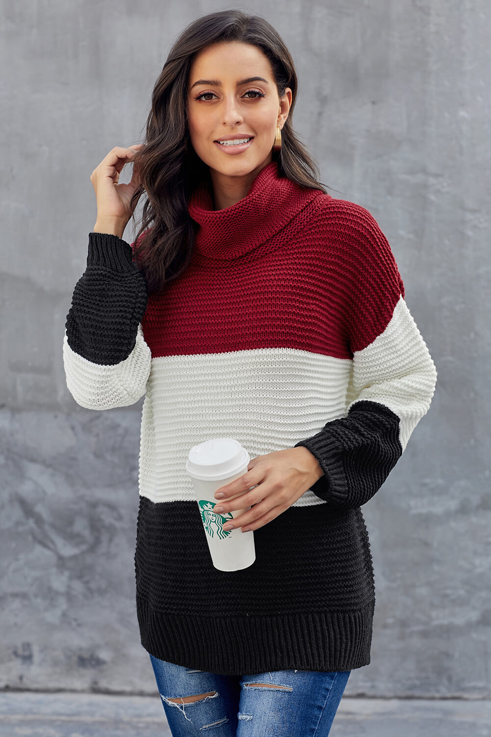 Black Turtleneck Color Block Pullover Sweater