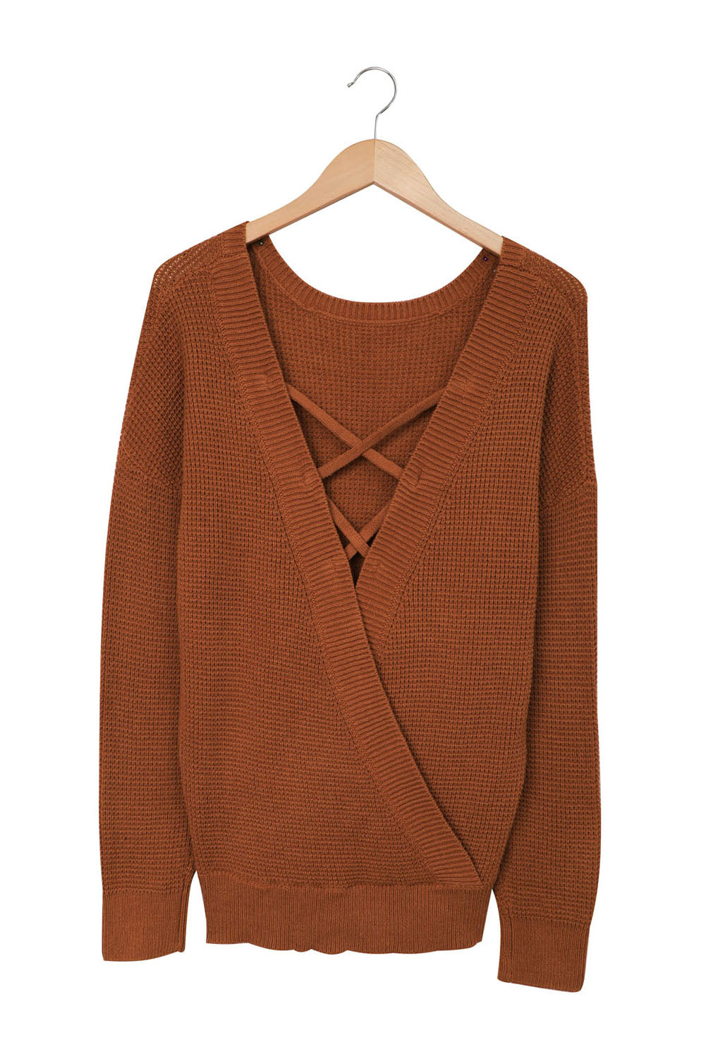 Brown Cross Back Hollow-out Sweater