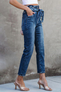 Blue Seamed Stitching High Waist Knot Skinny Jeans