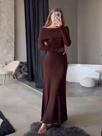 Tossy Fashion Knit Long Dress Off-Shoulder Female Ribbed Loose High Waist Elegant Autumn Party Dress Ladies Knitwear Maxi Dress