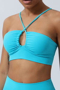 Turquoise Crossed Spaghetti Straps Ruched Keyhole Sports Bra