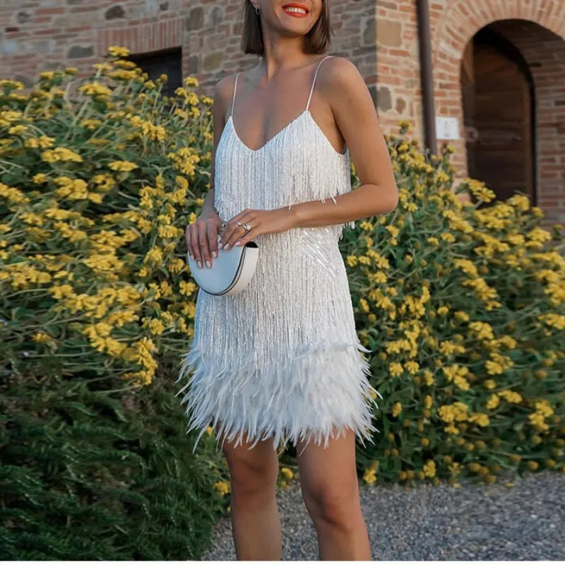 2023 New Sexy Tassel Sequins Feather Mini Dress Women Spaghetti Strap Stitching Dresses Female Elegant Evening Party Club Dress