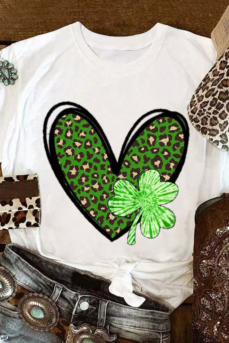 White Clover Leopard Heart Shaped Print Crewneck Graphic Tee