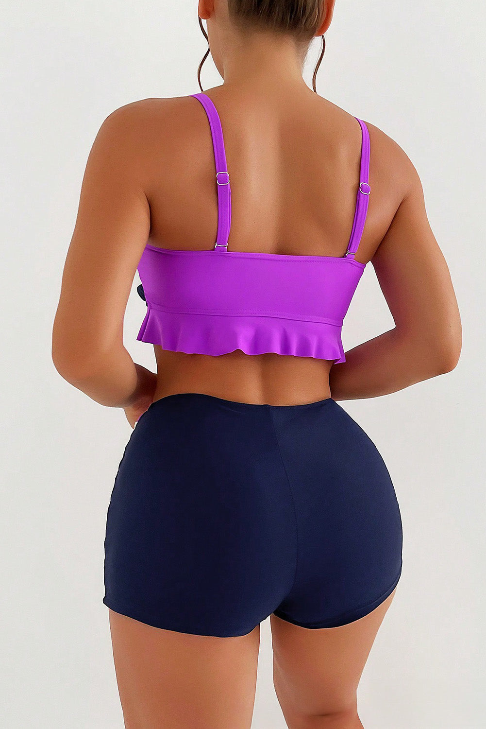 Dark Purple Colorblock Ruffled Drawstring Tie Shorts Bikini