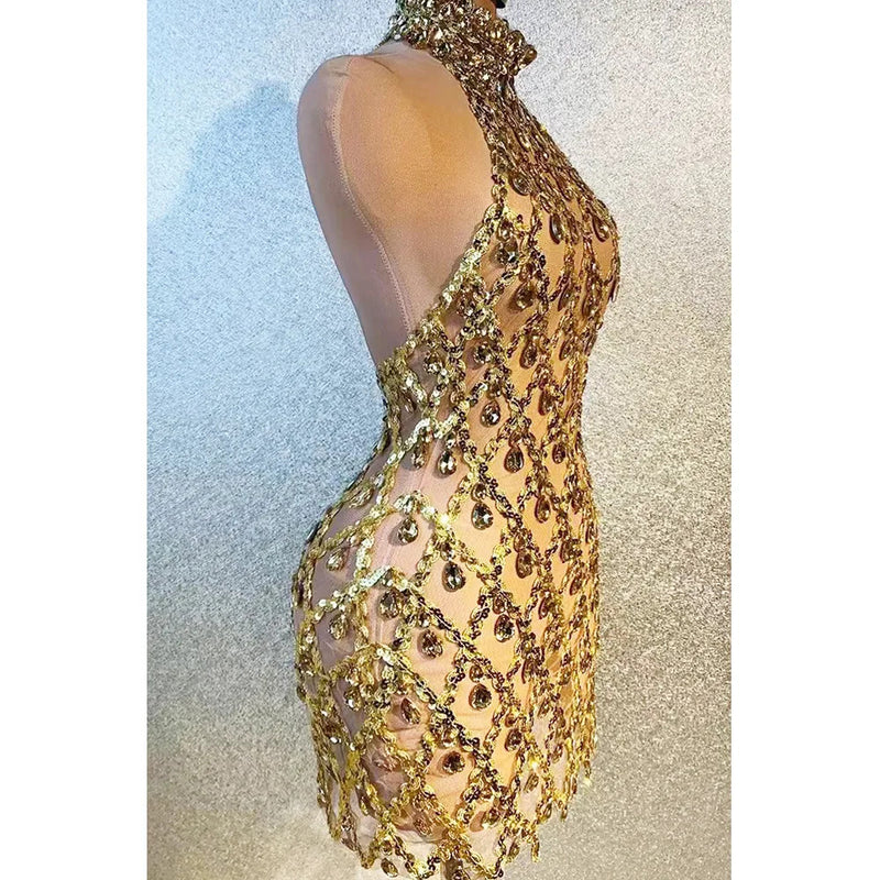 New Mesh Dress Luxury Evening Celebrate Prom Birthday Party Transparent Gold Black Sequins Rhinestones Short Singer Stage Wear