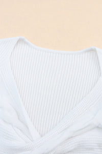 White Cable Crossed V Neck Sweater