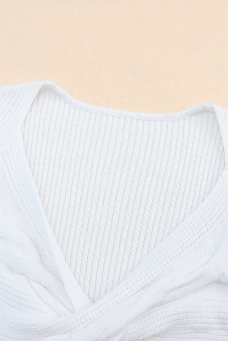 White Cable Crossed V Neck Sweater