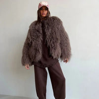 Burgundy Fluffy Faux Fur Warm Short Coat Lady Elegant Round Neck Long Sleeve Cardigan Jacket 2024 Women Winter Street Outerwear