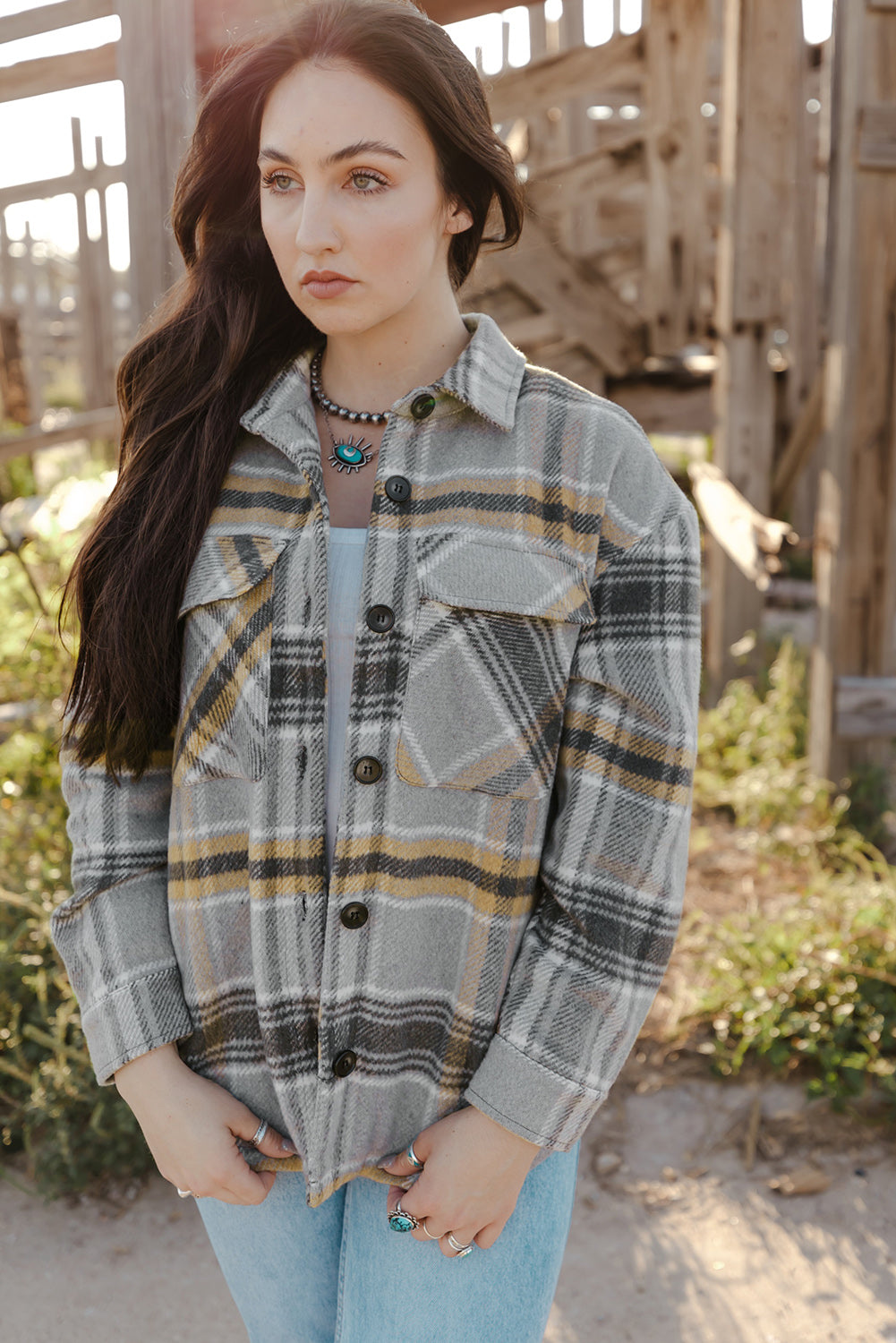 Gray Plaid Print Pocketed Shirt Jacket