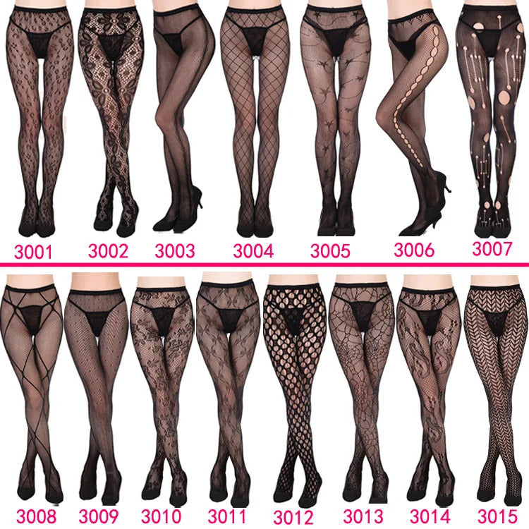 Women Sexy Fishnet Tights Jacquard Weave Seamless Pantyhose Yarns Garter Grid Fish Net Stockings Black Spider Gothic Lace Tights