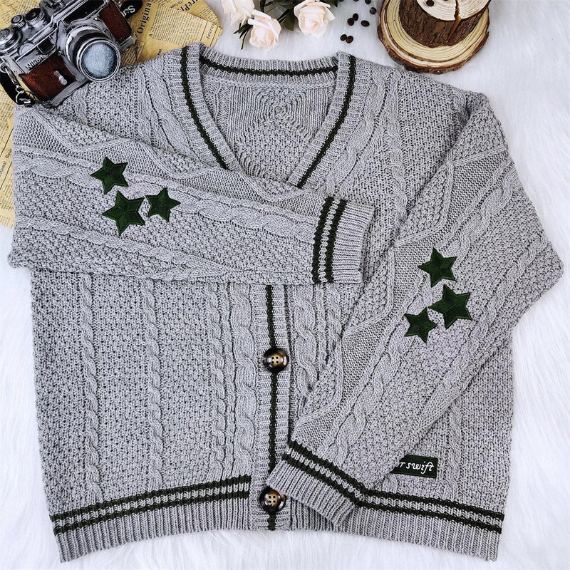 Knit Print Winter Cardigan Sweater Chic Vintage Star Preppy Long Sleeve Autumn V Neck Aesthetic Retro Single Breasted Sweaters