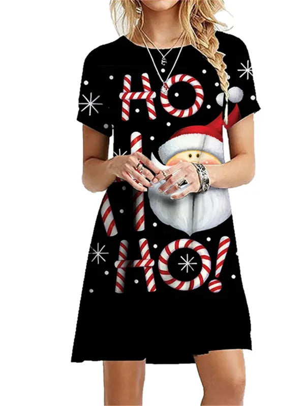 Cartoon Santa Claus Dress Women Cute Christmas Snowflake Print Dress Short Sleeve Loose Mini Dress Fashion Casual Party Clothes