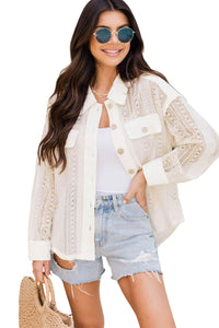 Beige Lace See-through Button Collared Shacket