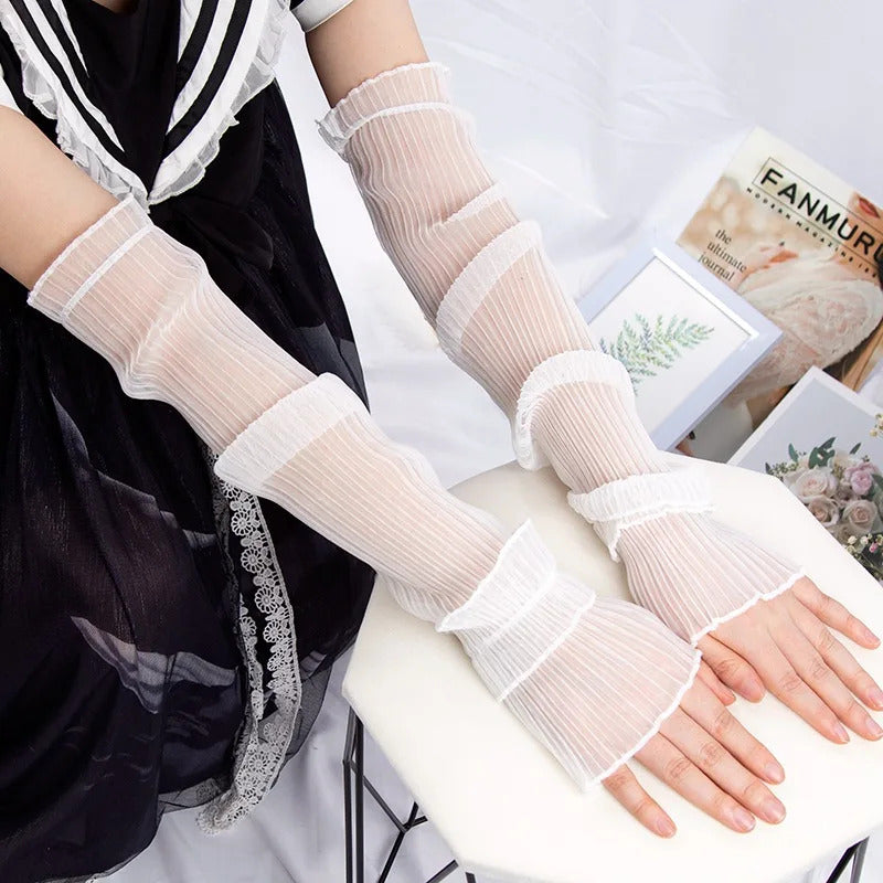 Women Summer Long Sun-protective Sleeve Sweet Fingerless Gloves Breathable Arm Warmer Lady Thin Lace Cuffs Sunscreen Uv Mittens