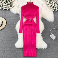 YuooMuoo Ins Hot Turtleneck Sexy Wrap Hips Knitted Dresses Women 2023 Autumn Winter Long Sleeve Bodycon Sweater Dress with Belt