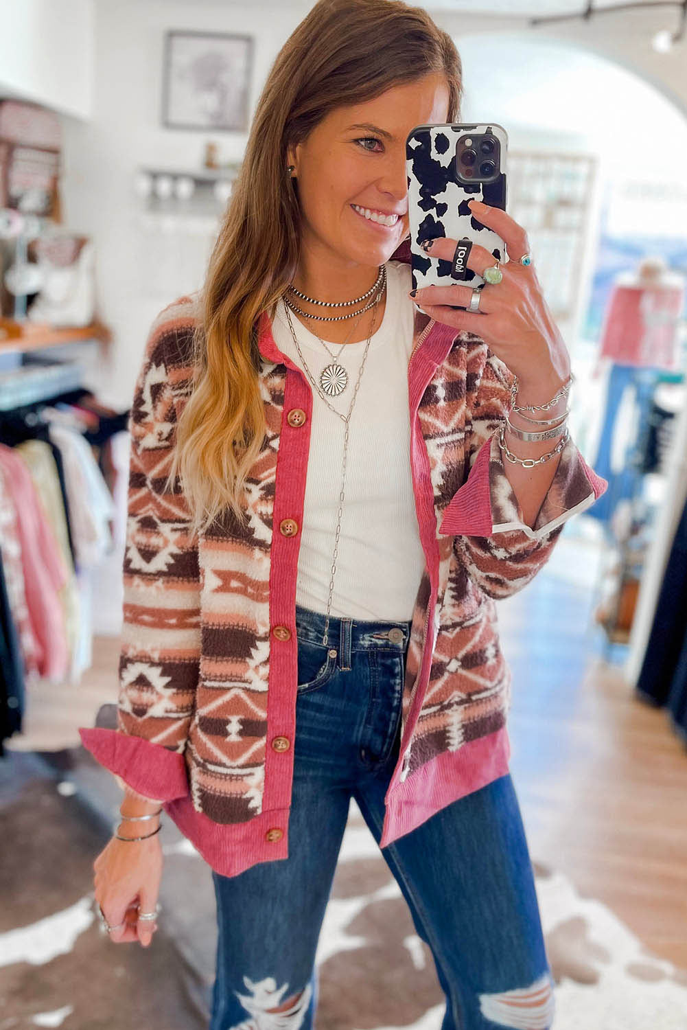 Pink Western Sherpa Corduroy Trim Jacket