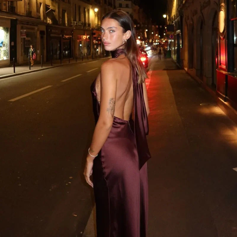 Elegant Brown Satin Halter Lace Up Long Dress Sexy Off Shoulder Backless Sleeveless Bodycon Dresses Autumn New Lady Party Robe