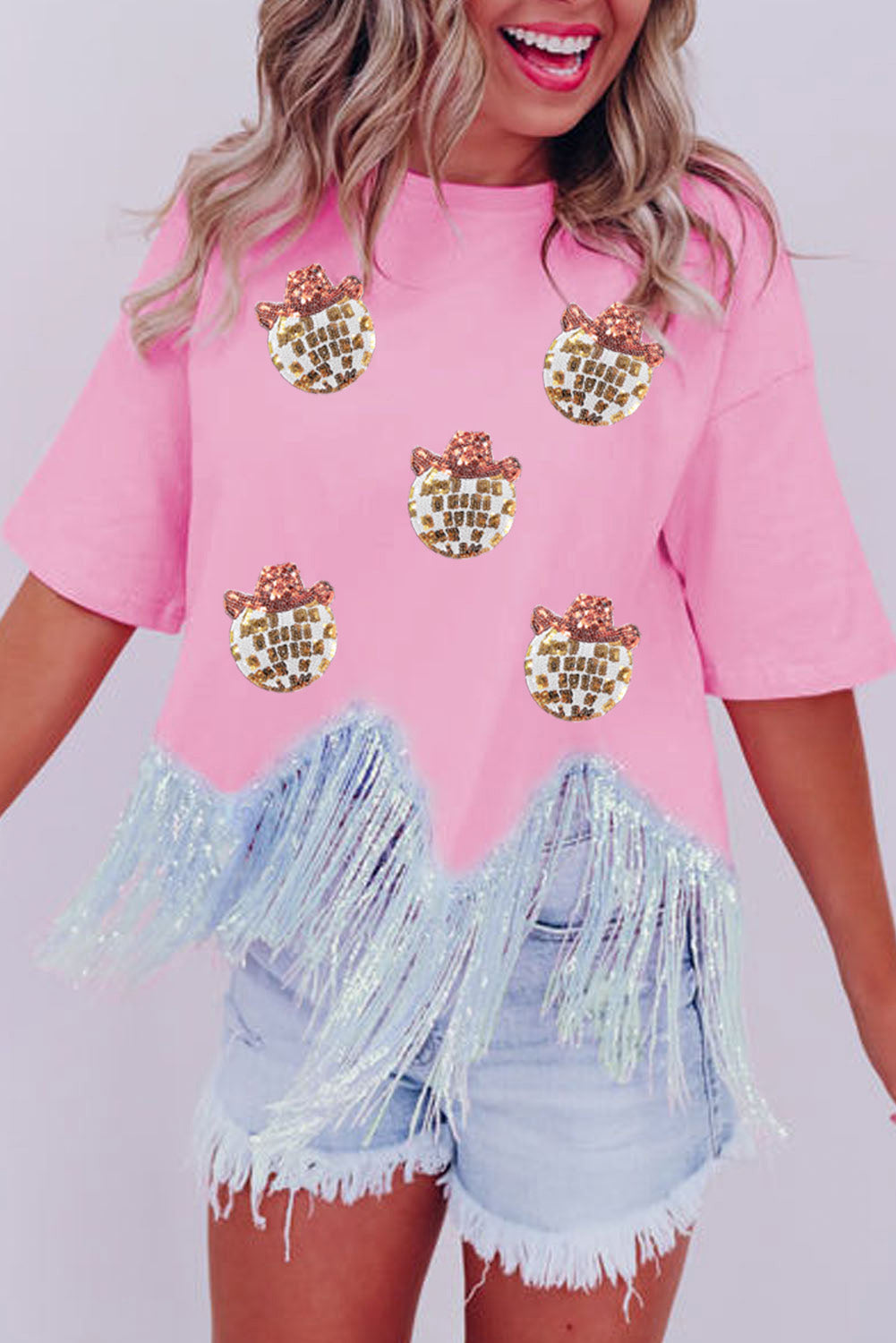 Pink Sequin Pattern Tassel Crew Neck Crop Top