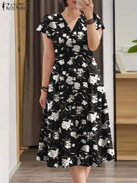 ZANZEA Ruffle Sleeve V Neck Party Sundress Casual Women 2024 Summer Cinch Waist A-line Vestidos Floral Print Fashion Midi Dress