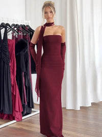 Mozision Strapless Backless Sexy Maxi Dress For Women Burgundy Mesh Sleeve Off-shoulder Bodycon Club Party Evening Long Dress