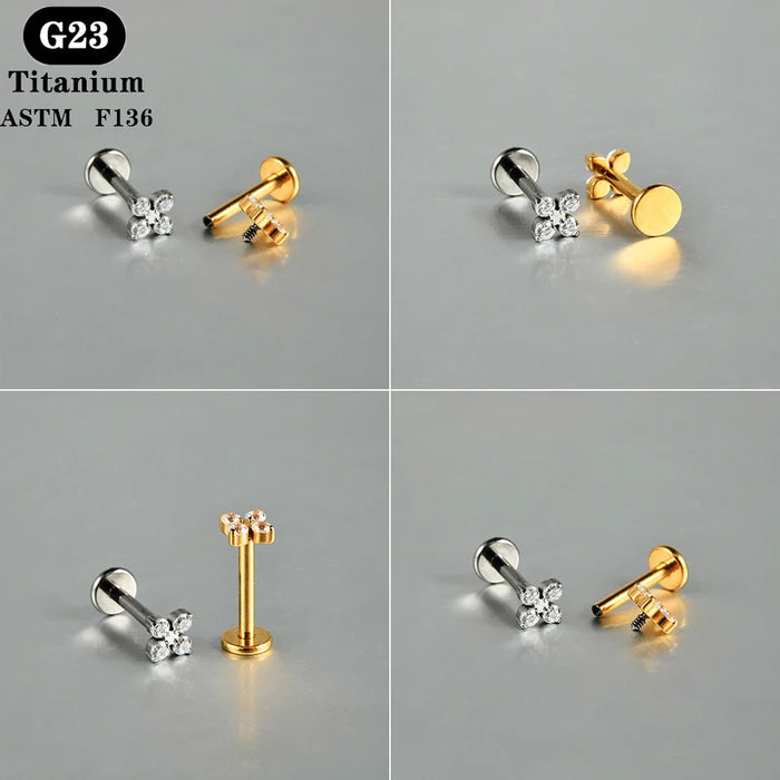 1PC ASTM F136 Titanium Zircon Flat Back Earring Flower Ear Studs Lobe Helix Tragus Cartilage Piercing Jewelry 16G