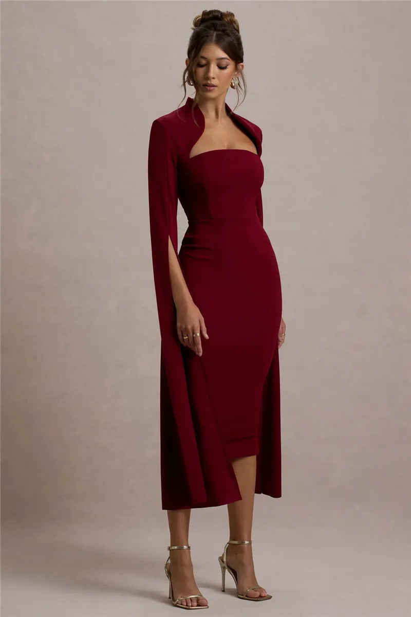 Mozision Cape Long Sleeve Sexy Midi Dress For Women Autumn Winter New Square Collar Back Slit Bodycon Club Party Long Dress