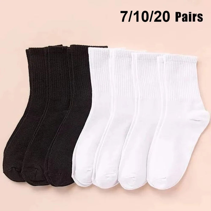 7/10/20 Pairs Mid Length Socks Women Classic Black White Solid Color Fashionable Casual Sports Absorbing Breathable Men Socks