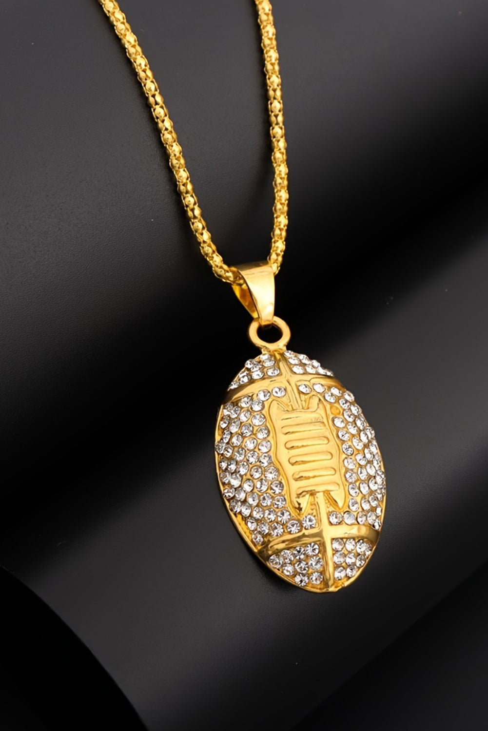 Gold Plated Rhinestone Rugby Football Pendant Necklace