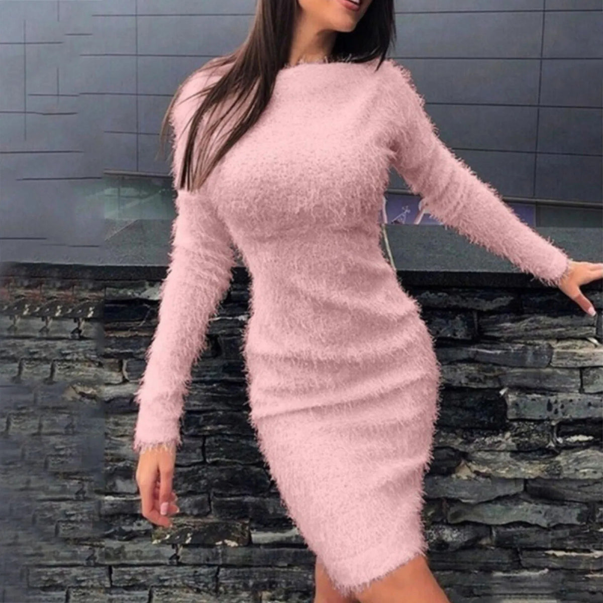 Women Slim Plush Dress Long Sleeve Wrap Pullovers Sweater Mini Dresses Female 2024 Autumn Winter Warm Vestidos Streetwear New