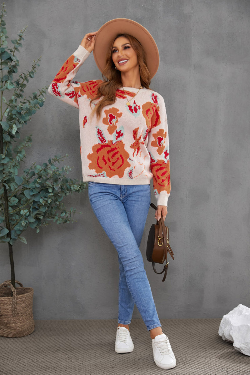 Floral Pattern Drop Shoulder Crew Neck Sweater