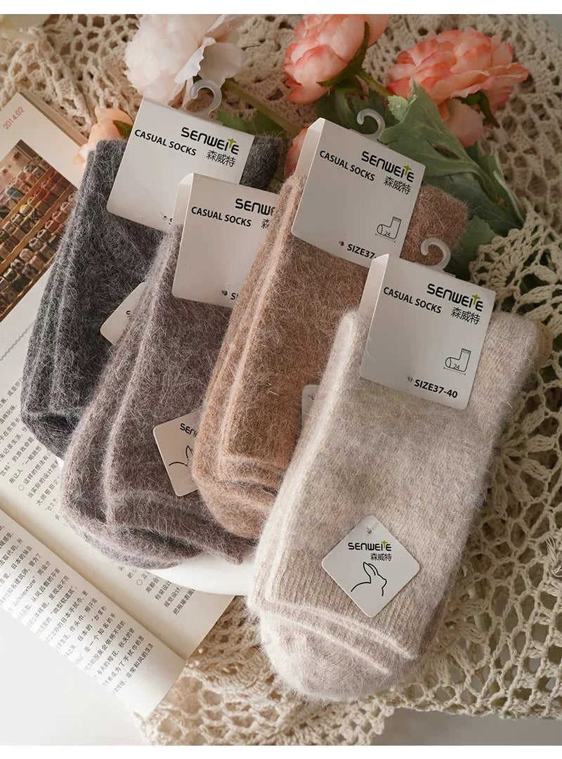 Wool Socks for Women Autumn Winter Medium Tube Socks Thickened with Wool Warm Rabbit Hair Socks Winter Black Cashmere Stockings