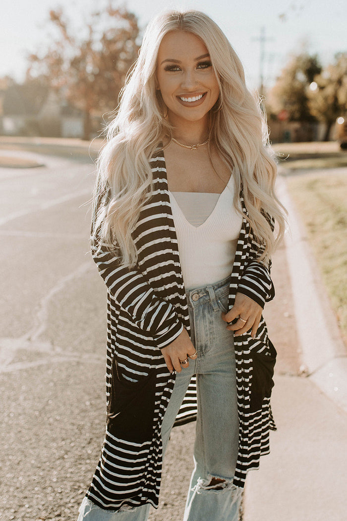 Black White Striped Pocketed Long Cardigan