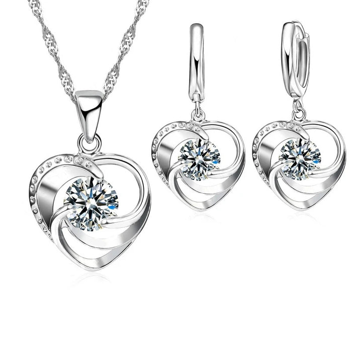 925 Sterling Silver Stamped Necklace Earrings Set Long Chain Sweet Romantic Style Love Heart Shape For Women Lady Wife