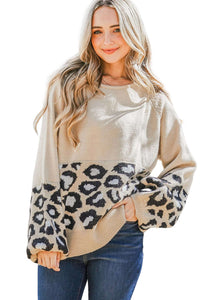 Khaki Leopard Patchwork Knitted Puff Sleeve Sweater