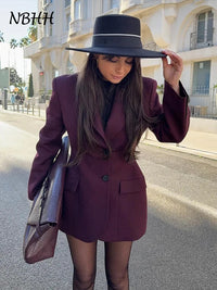 Elegant Solid Slim Blazer Jacket Women Long Sleeve Lapel Shoulder Pads Single Breasted Coat 2025 Spring Lady Office Outwear