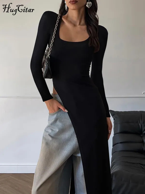 Hugcitar Autumn Fashion Solid Long Sleeve Slit Irregular Sexy Bodycon Maxi Dress Women Casual Y2K New Outfits Party Vacation