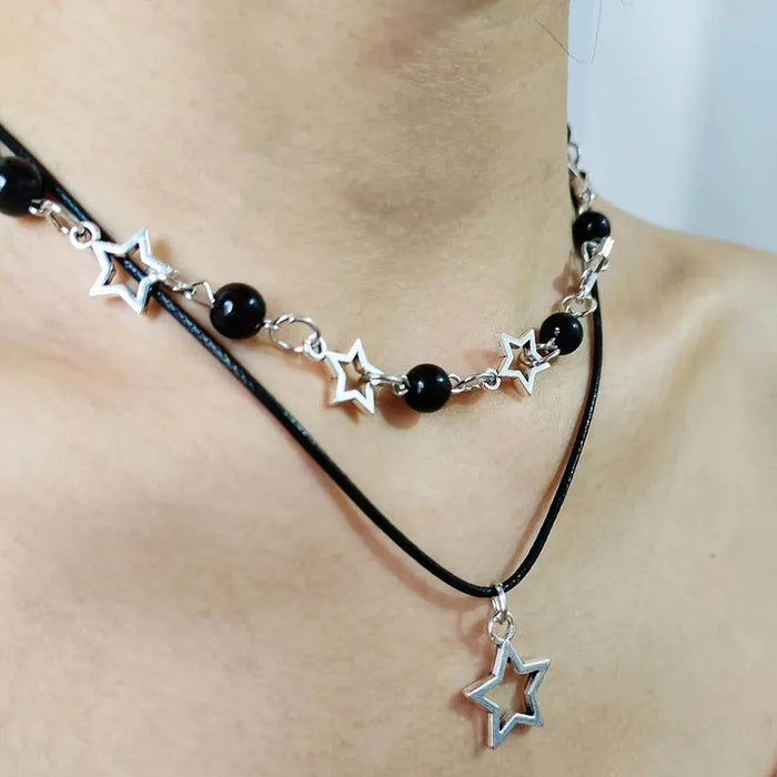 Fashion Double Layered Black Bead Star Choker Necklace Punk Pentagram Leather Rope Necklaces For Women Girls