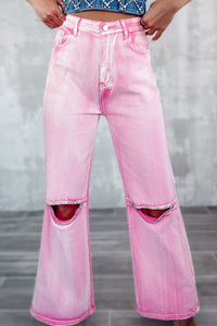 Pink High Waist Rhinestone Cutout Wide Leg Jeans