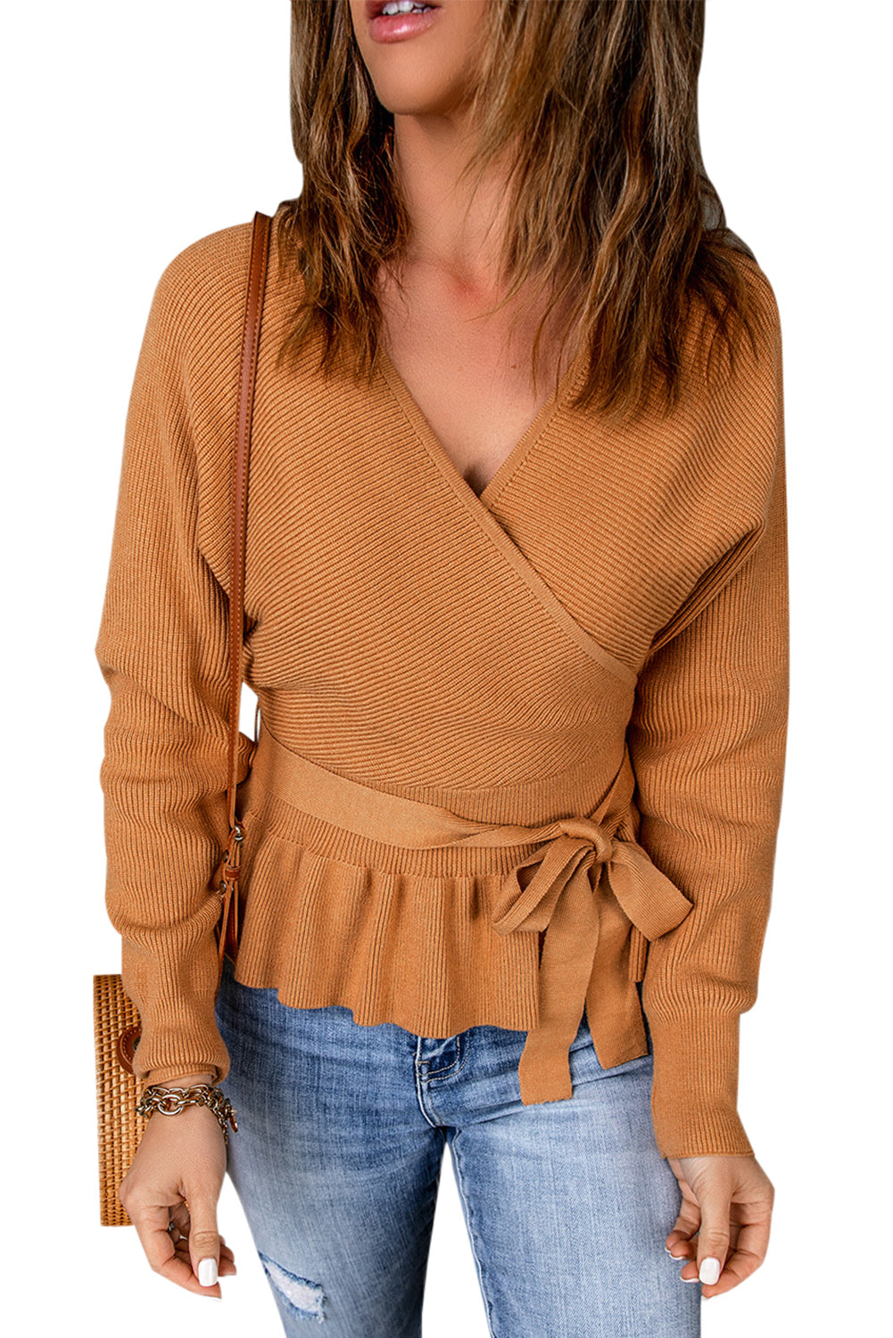 Brown Rib Knit Surplice Neck Belted Peplum Sweater