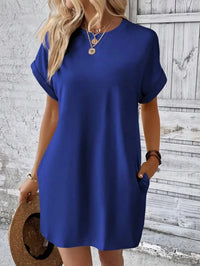 Pure Color Minimalist T-Shirt Short Dress Women Summer Round Neck Pocket Loose Dresses Robe