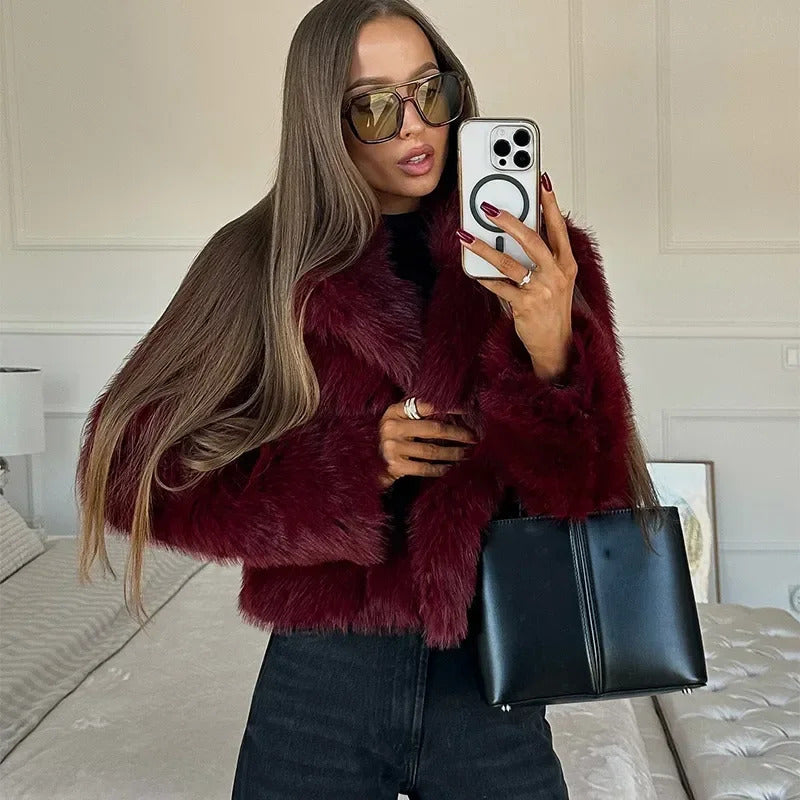 Wine Red Fluffy Faux Fur Short Coat Women Elegant Full Sleeve Warm Lapel Jacket New Winter Woman Commuter Outerwear 2024