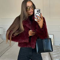 Wine Red Fluffy Faux Fur Short Coat Women Elegant Full Sleeve Warm Lapel Jacket New Winter Woman Commuter Outerwear 2024