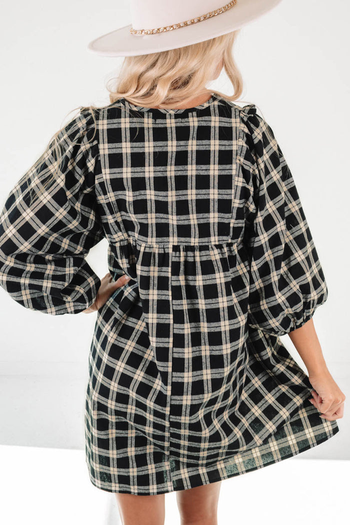 Black Plaid Print Notched Neck Puff Sleeve Babydoll Dress