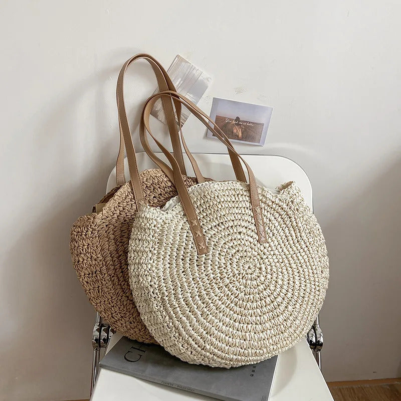 Summer Round Straw Women Vacation Woven Beach Shoulder Bag Large Capacity Hollow Out Simple Tote Bag